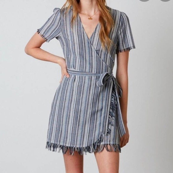 Cotton Candy LA Mini Dress Womens Medium Hartwood Blue Striped‎ True Wrap Fringe - Picture 1 of 15
